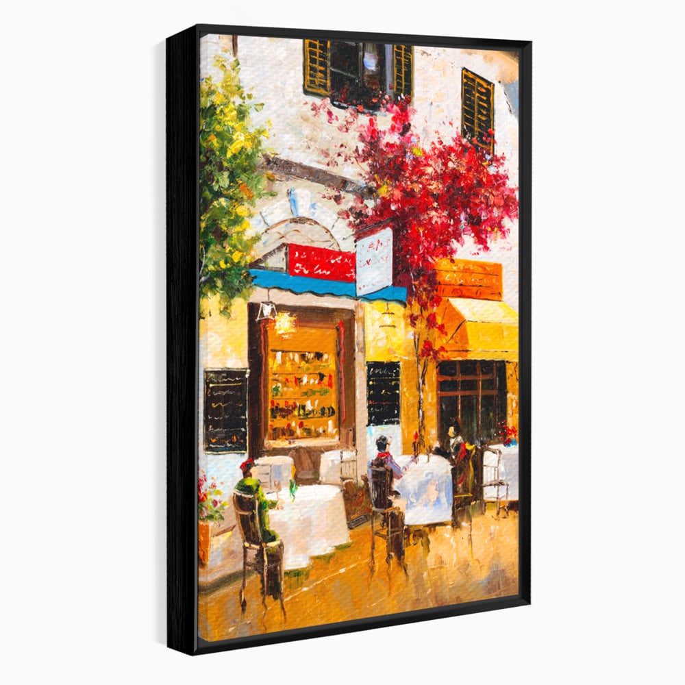 Tablou canvas cu pictura stradala cu terasa, in rama de aluminiu negru